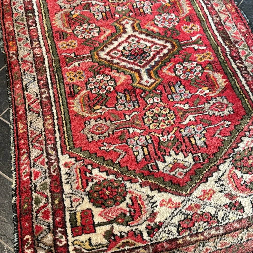 Vintage Red and White Geometric Rug